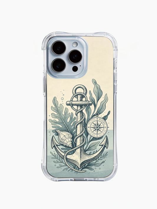 Retro sea element iPhone 15 Case with anchor, compass, tide, and hand drawn nautical artwork