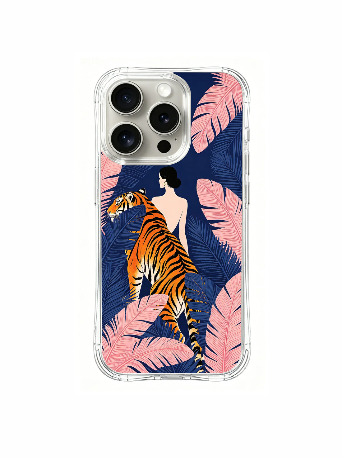 Tropical iPhone 15 Pro Case with tiger palm leaves and blue jungle statement art