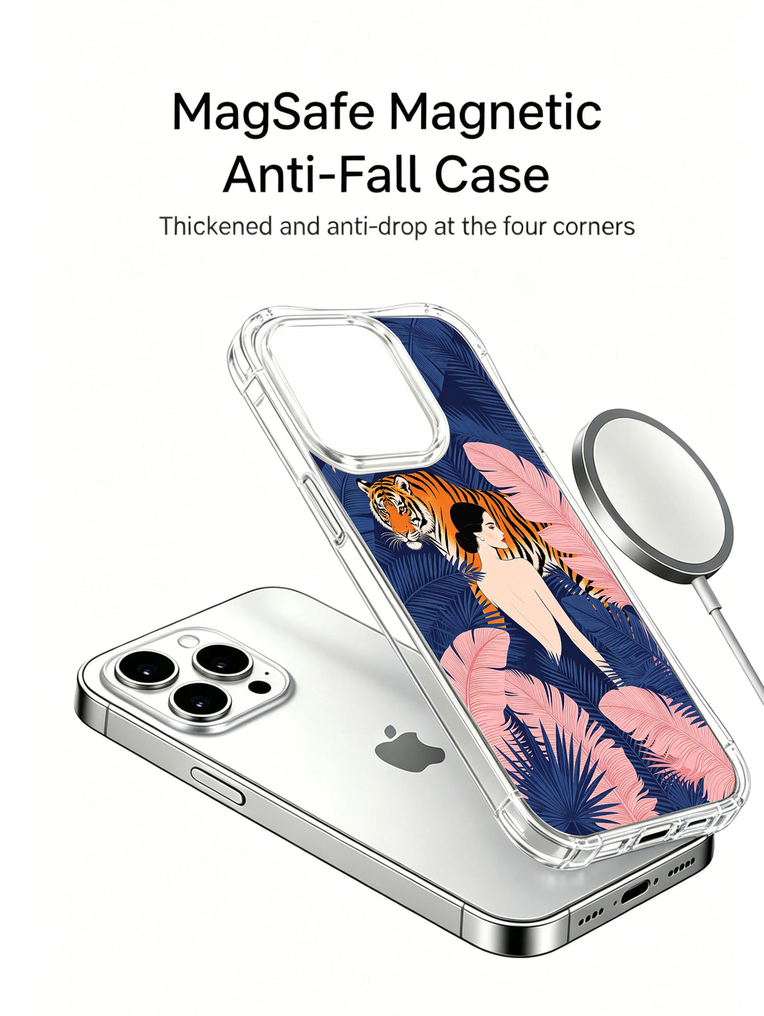 Jungle iPhone 15 Pro Case with elegant tiger style and blue tropical illustration