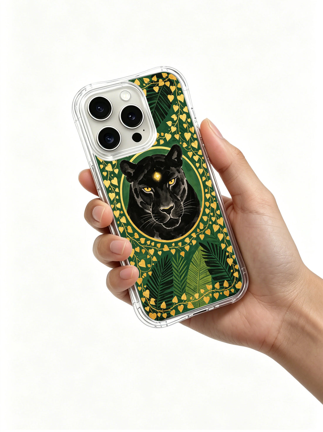 Emerald gold panther iPhone 15 Pro Case with botanical wreath artwork