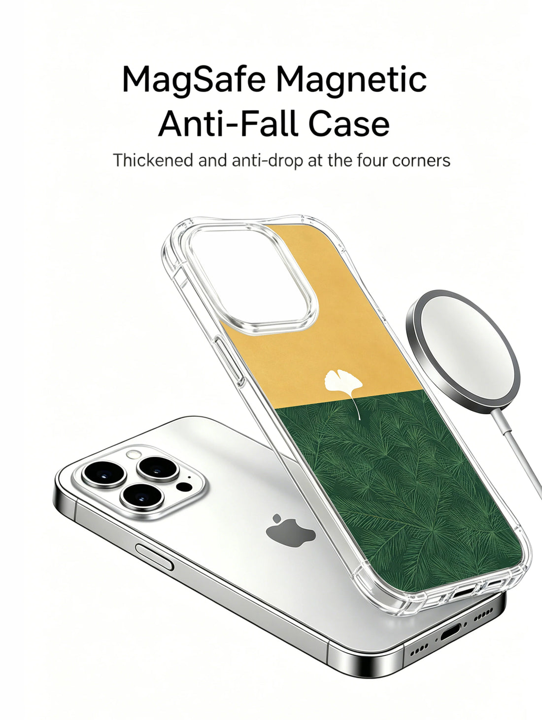 Split tone ginkgo iPhone 15 Pro Case with mustard and emerald leaf art