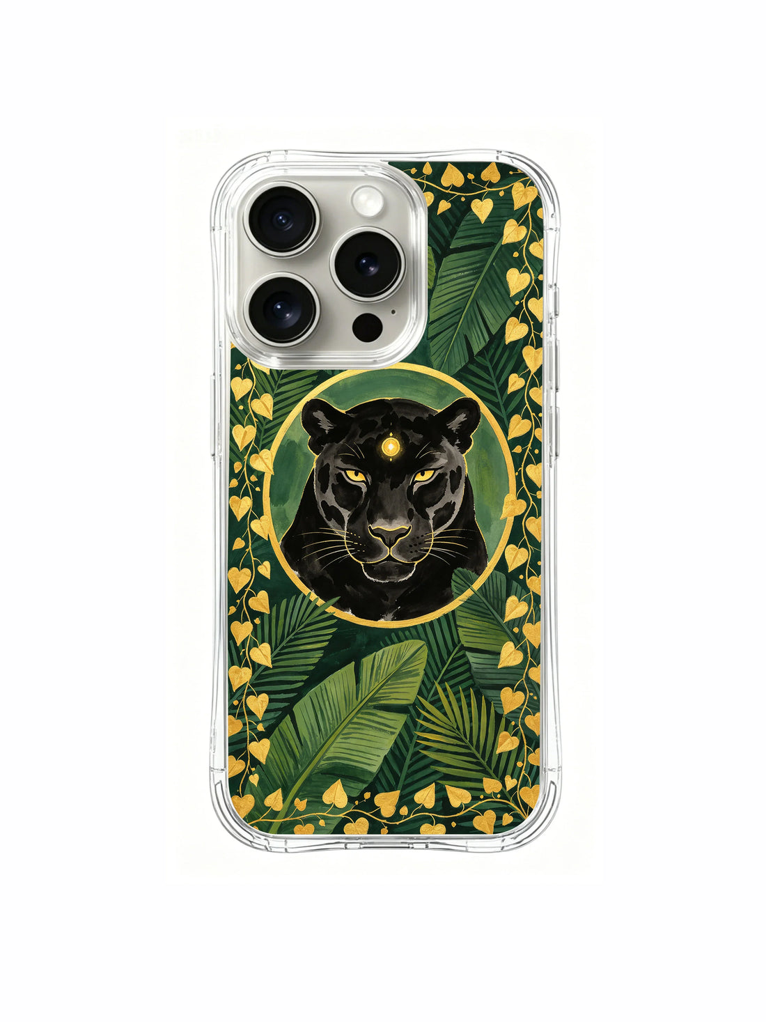 Tropical leaf panther iPhone 15 Pro Case with golden ivy artwork