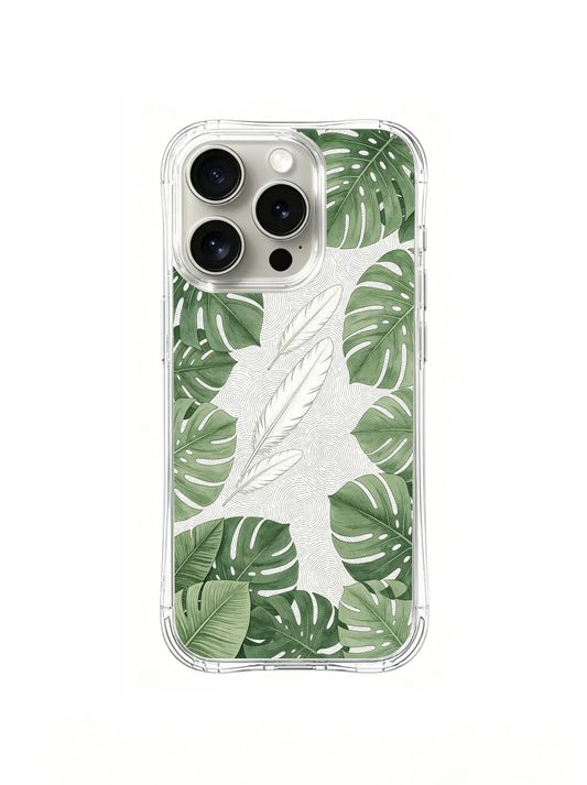 Clear iPhone 15 Pro case with layered sage-green monstera leaves and a white long-necked bird silhouette