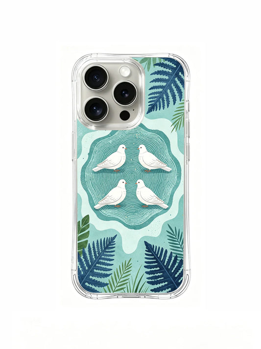 Clear iPhone 15 Pro case with four white doves, layered teal contours, and dark blue-green leaves