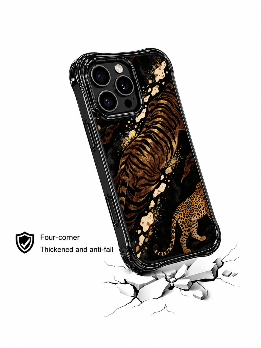 Hidden gold leopard iPhone 15 Pro Max Case with black velvet base and quiet luxury detail