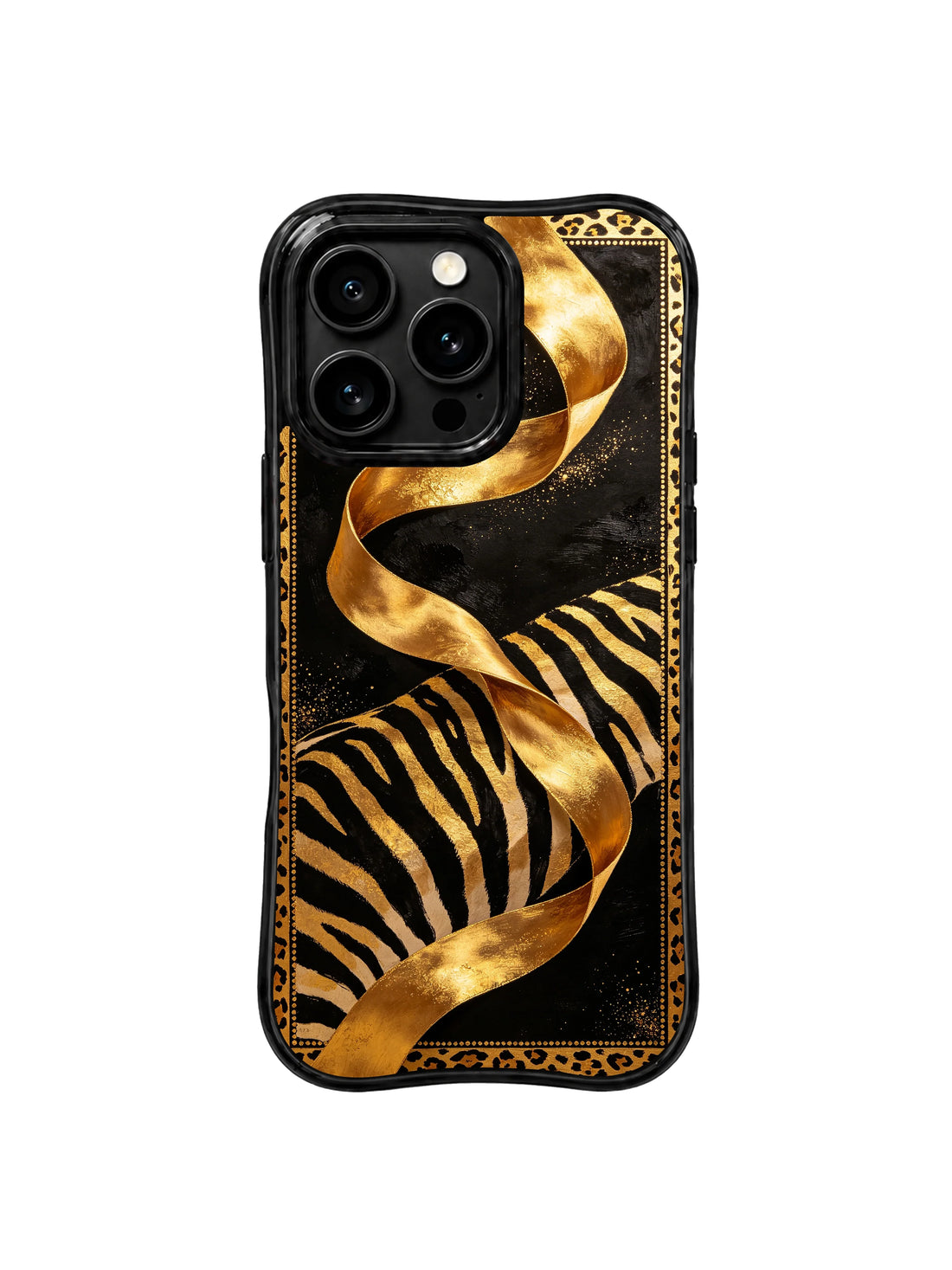 Black Gold Jungle Ribbon iPhone 15 Pro Max Case with flowing metallic gold ribbon and luxury black couture art