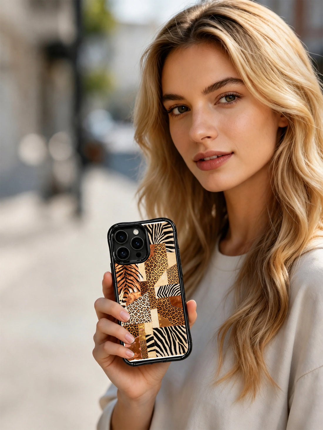 Bronze iPhone 15 Pro Max Case with tiger weave style and wild gilded safari mood
