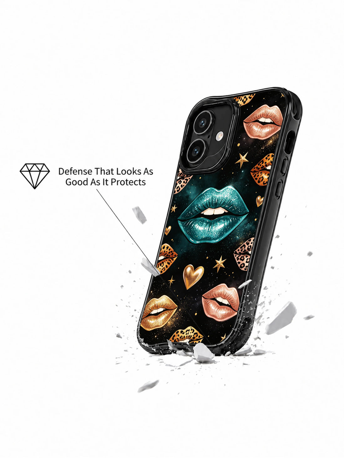 Black cosmos lips iPhone 16 Case with leopard accents, gold stars, and shimmering particles