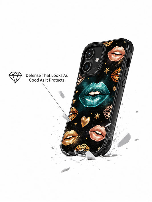 Black cosmos lips iPhone 16 Case with leopard accents, gold stars, and shimmering particles