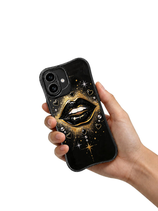 Black gold heart iPhone 16 Case with gold stars pearl-like beads and dramatic cover art