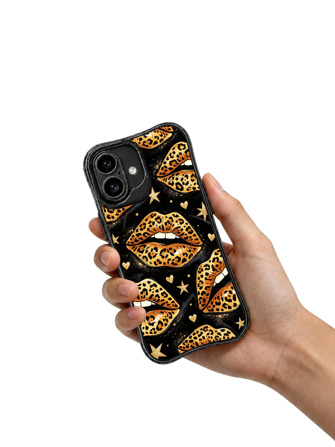 Black and gold leopard iPhone 16 Case with star sparkle and confident glam pop attitude