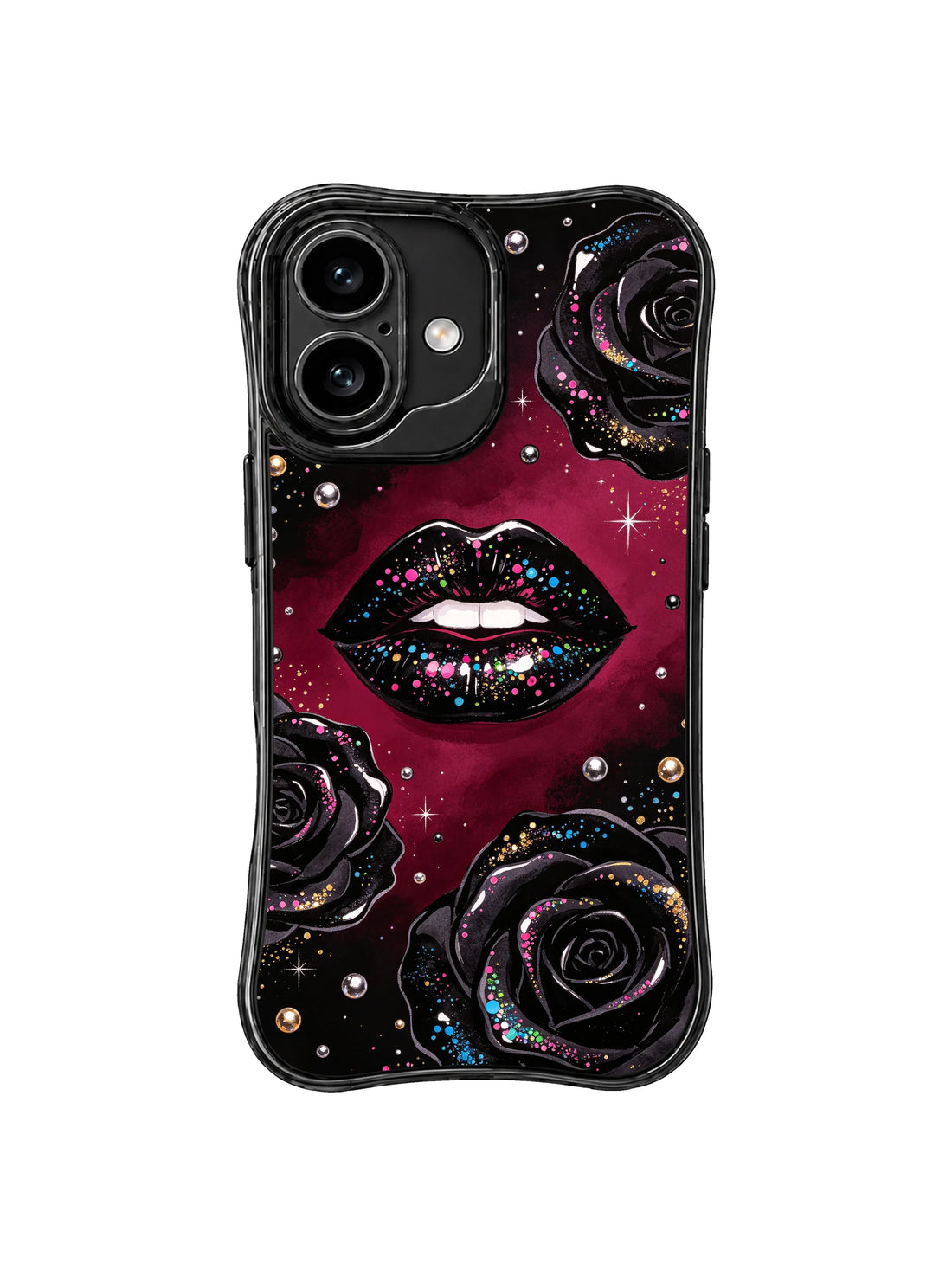 iPhone 16 Cases cover image for Cute iPhone 16 Case Ideas for Gym Bag Essentials: Black Rose Sequin Lips