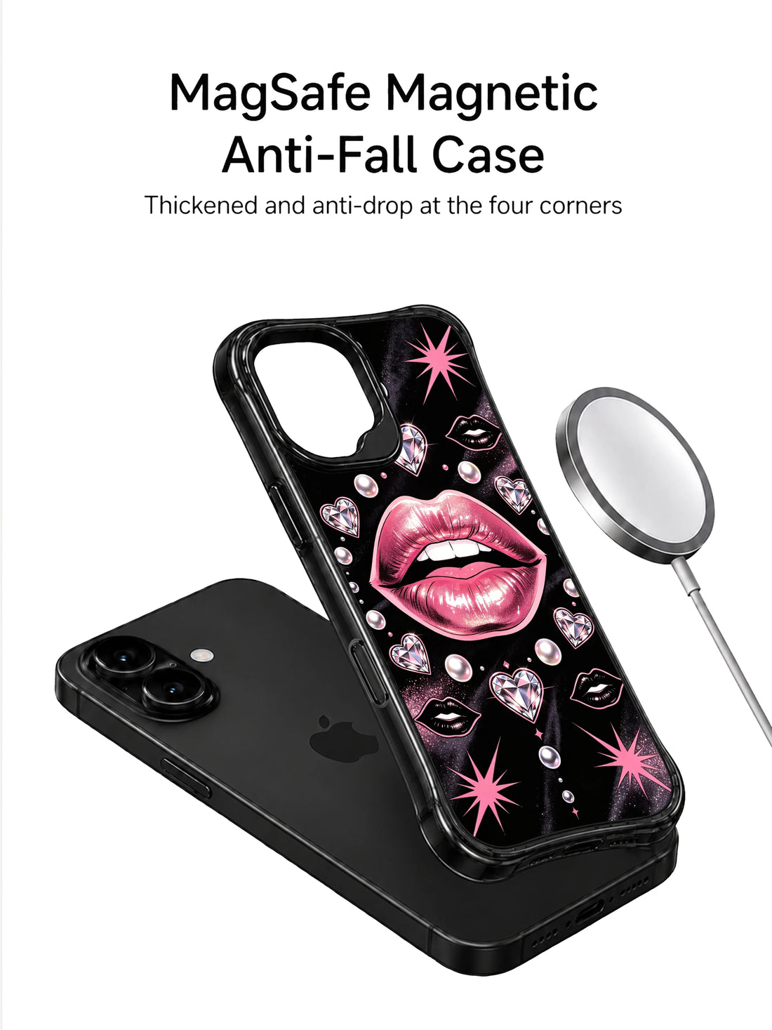 Black velvet kiss iPhone 16 Case with sparkling pink lips, radiant heart gems, and elegant pop-art energy
