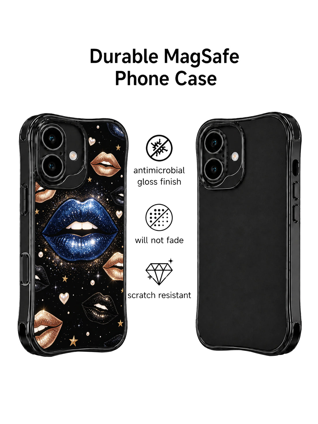 Blue glitter lips iPhone 16 Case with gold lip accents, tiny stars, and pearl details