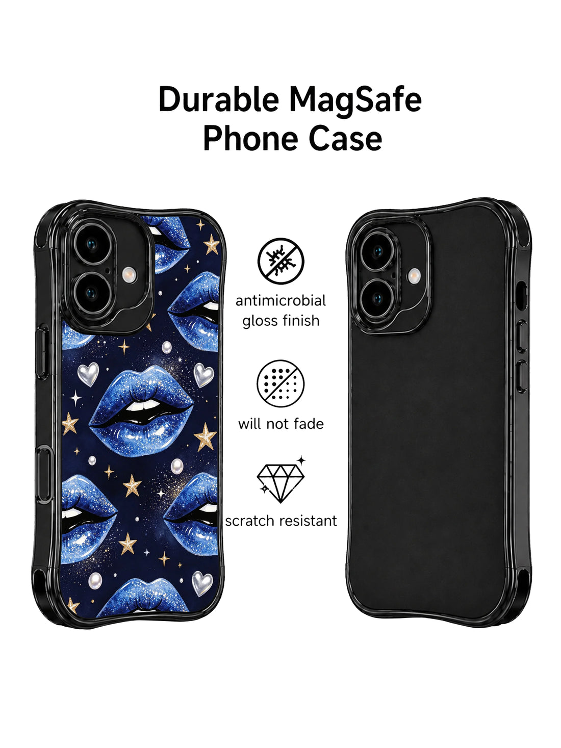 Blue glitter lips iPhone 16 Case with metallic stars and silver heart details