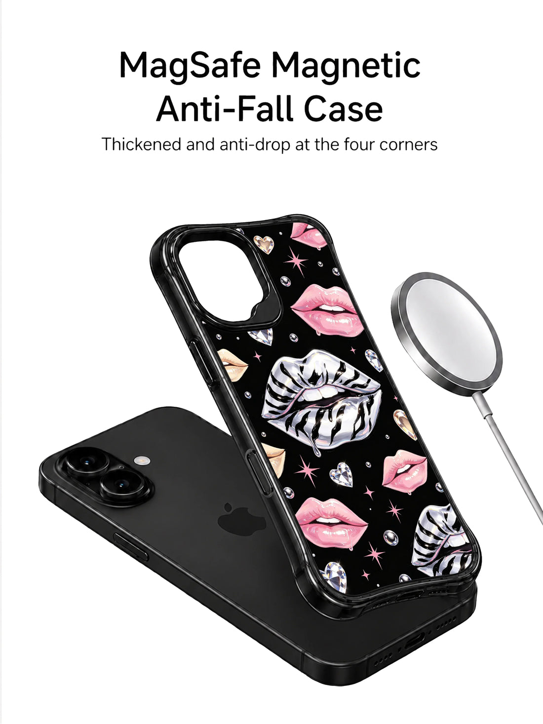 Crystal heart zebra lips iPhone 16 Case with pearl bubbles and soft pink accents