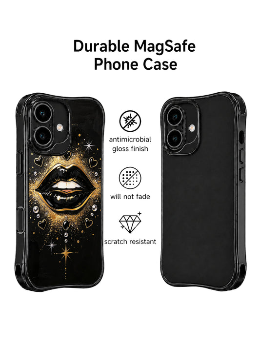 Glossy black gold lips iPhone 16 Case with metallic highlights and bold glam style