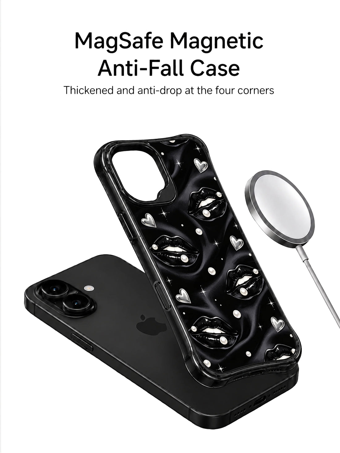 Glossy black lip pearls iPhone 16 Case with scattered pearls silver hearts and night glam styling