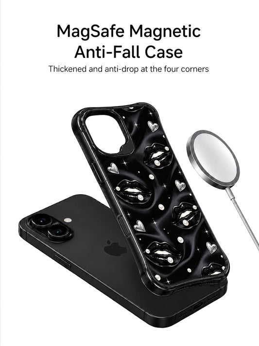 Glossy black lip pearls iPhone 16 Case with scattered pearls silver hearts and night glam styling