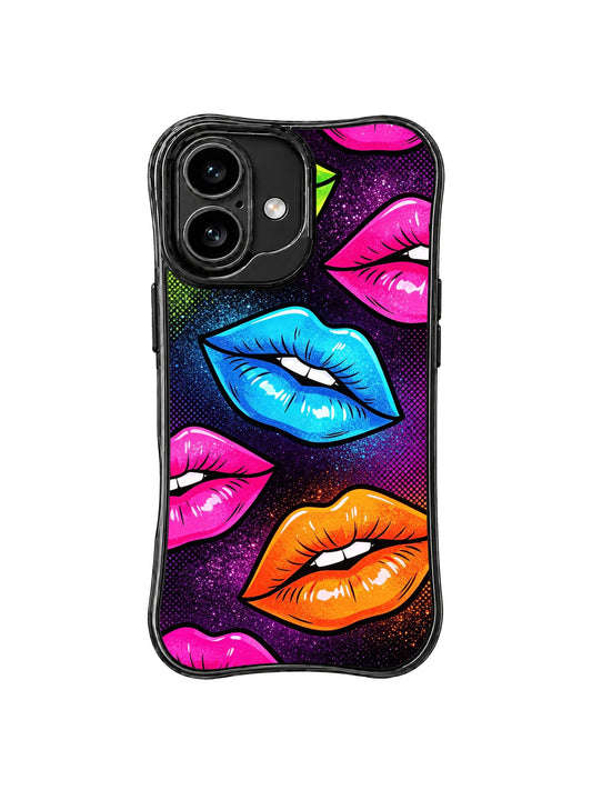 Black iPhone 16 case with neon blue, pink, orange, and purple lips on a glitter-textured background