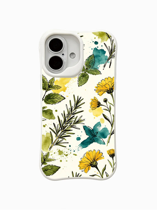 White iPhone 16 case with yellow wildflowers, green herbs, and teal butterflies