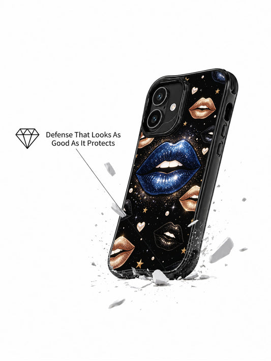 Metallic lips iPhone 16 Case with black galaxy depth, gold shimmer, and pearl heart details