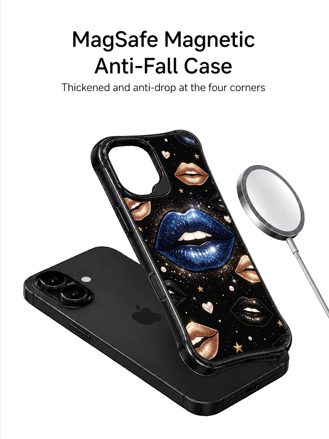 Midnight blue lips iPhone 16 Case with gold stars, black background, and shimmering night glam particles