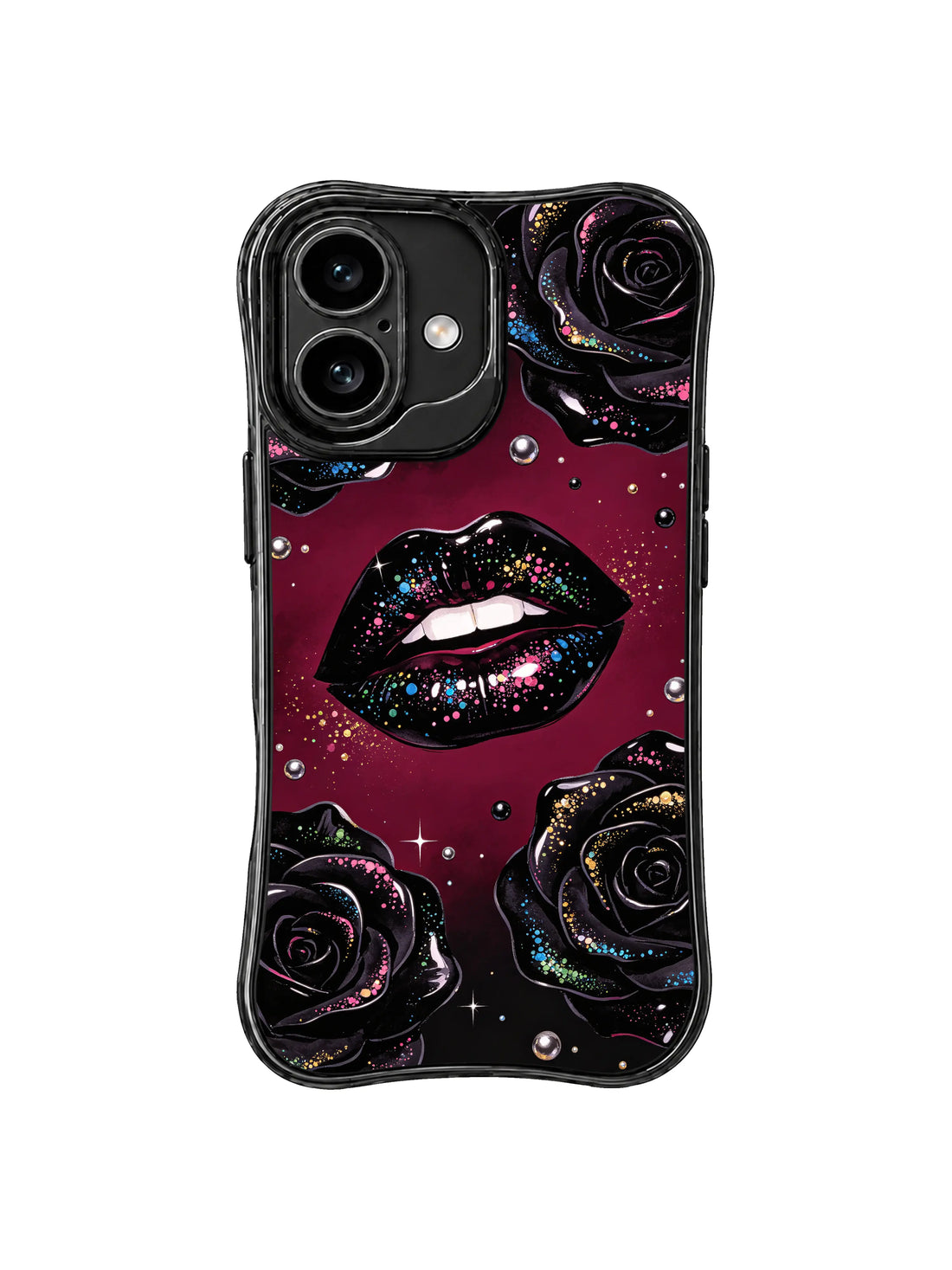 Floral iPhone 16 Case - Black Rose Sequin Lips PhoneCasing for iPhone 16 case