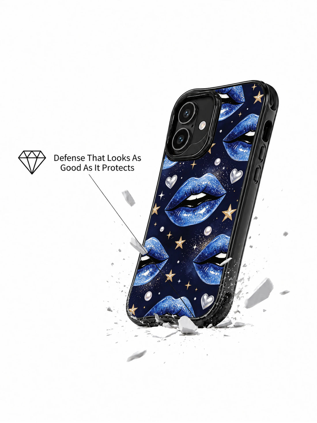 Navy glam lips iPhone 16 Case with silver heart charms and gold star details