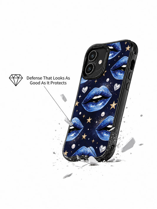 Navy glam lips iPhone 16 Case with silver heart charms and gold star details