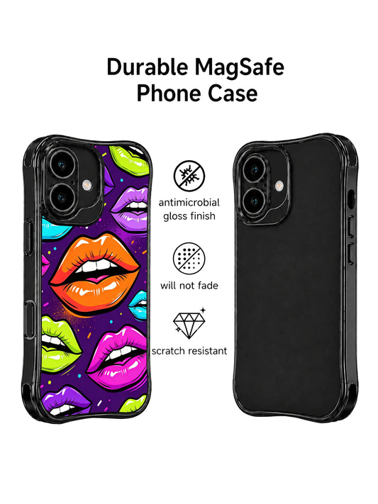 Neon orange lips iPhone 16 Case with purple background and cyan green lip details