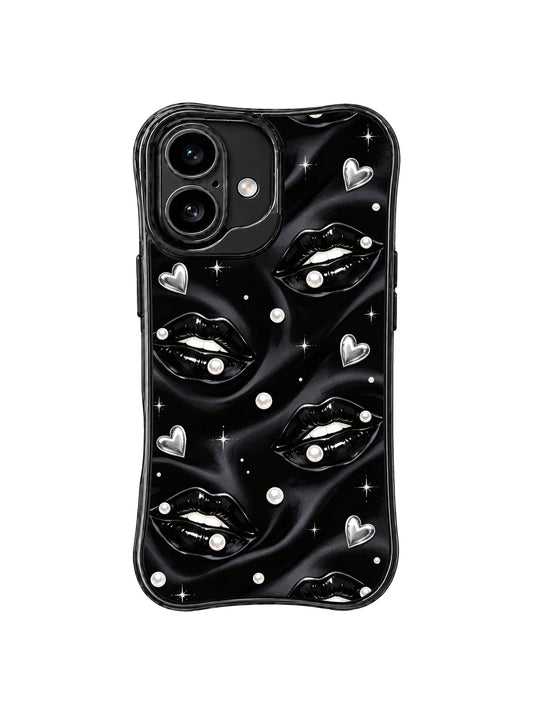 Pearl Noir Kiss iPhone 16 Case with glossy black lips pearl details silver hearts and black satin background