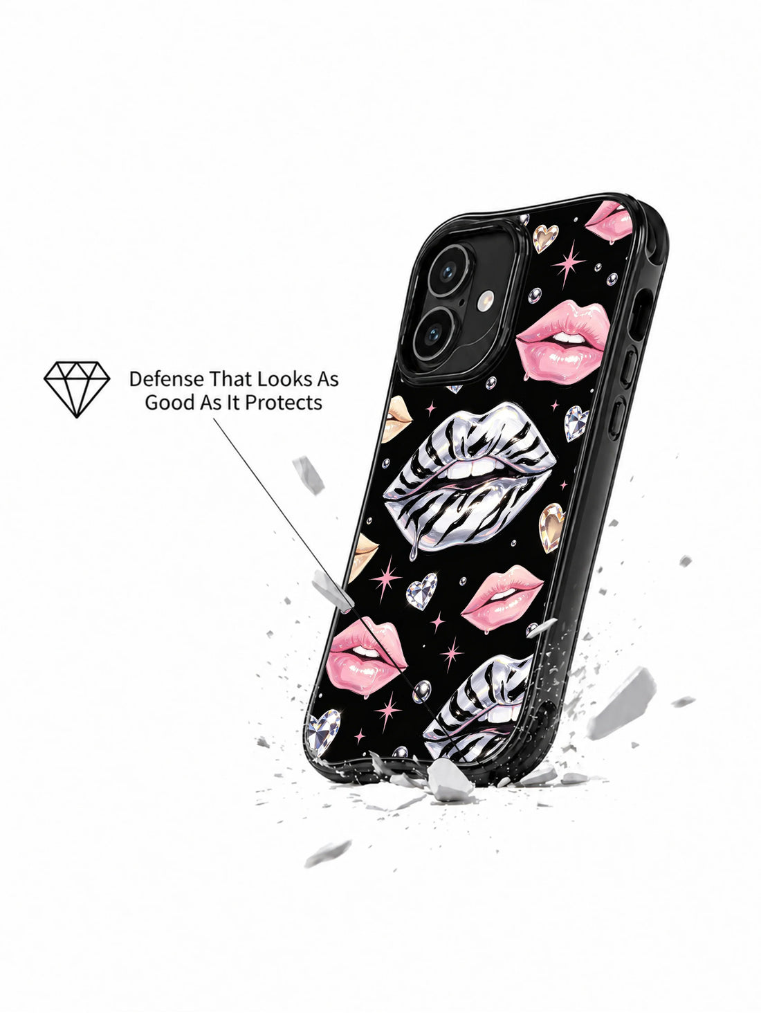 Pink heart silver lips iPhone 16 Case with zebra stripes and feminine fashion illustration details