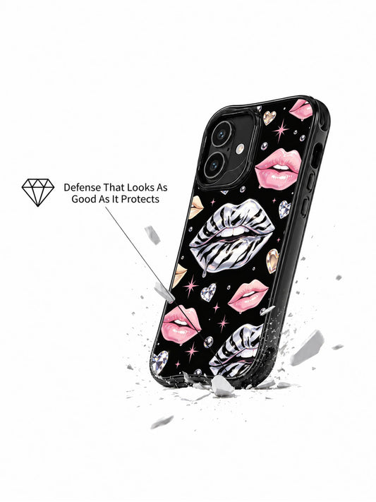 Pink heart silver lips iPhone 16 Case with zebra stripes and feminine fashion illustration details