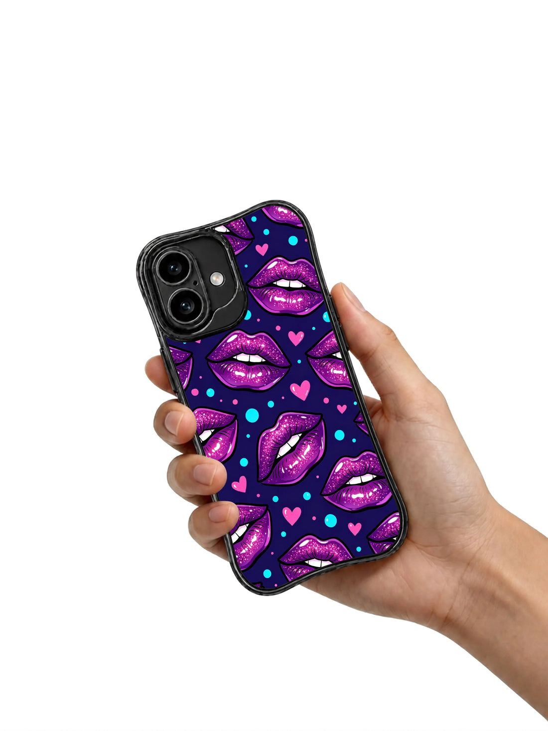 Purple lips blue dots iPhone 16 Case with tiny pink hearts and night glam mood