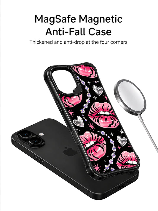 Silver heart pink lips iPhone 16 Case with pink starbursts and glossy lip art