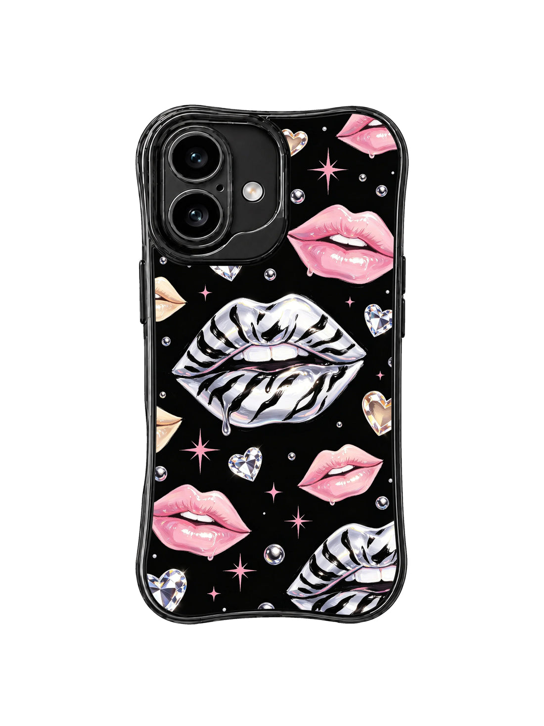 Silver zebra lips iPhone 16 Case with black glam background and pink starburst details