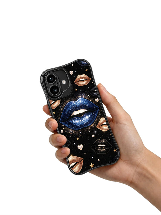 Starry blue kiss iPhone 16 Case with metallic lips, gold hearts, and celestial glamour
