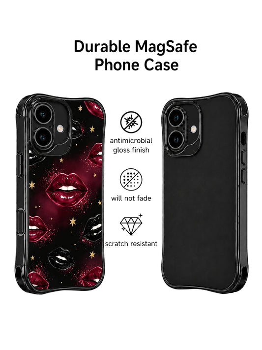Wine sky lips iPhone 16 Case with dark wine lips black accents and red glitter mist