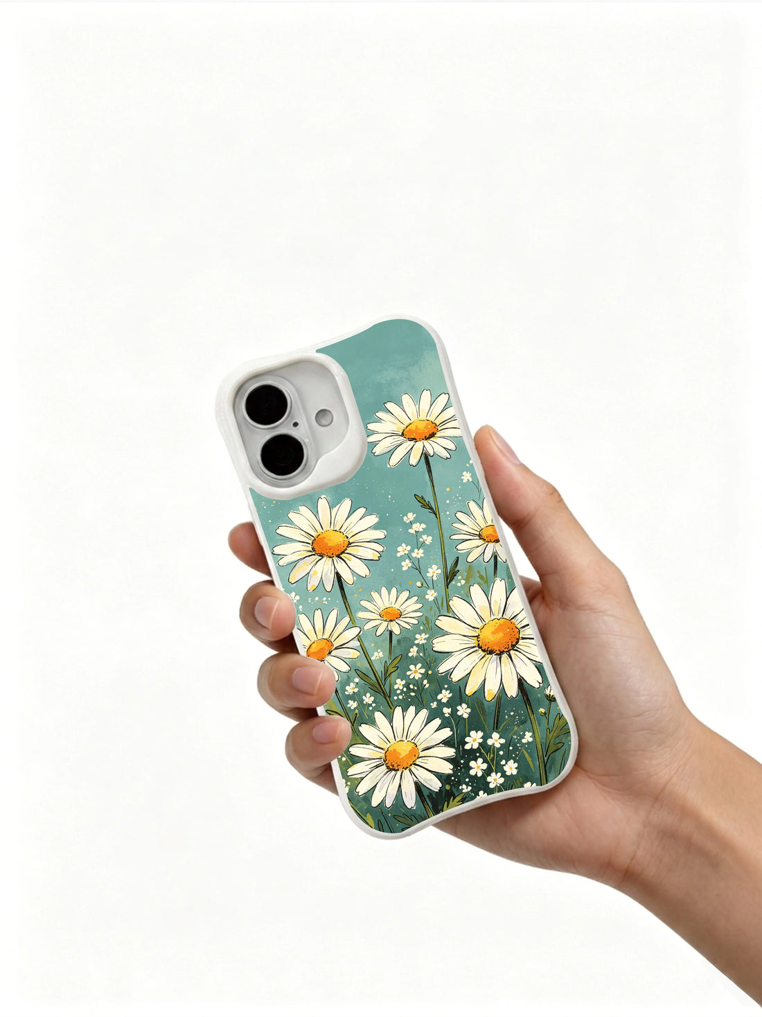 Aesthetic iPhone 16 Plus Case with calm teal daisies