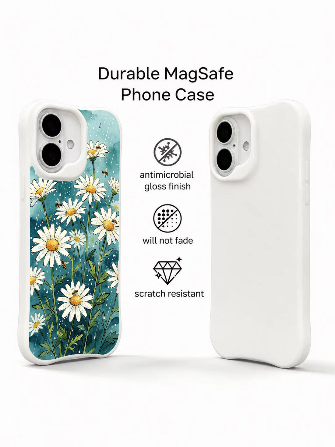 Floral iPhone 16 Plus Case with wet daisy meadow