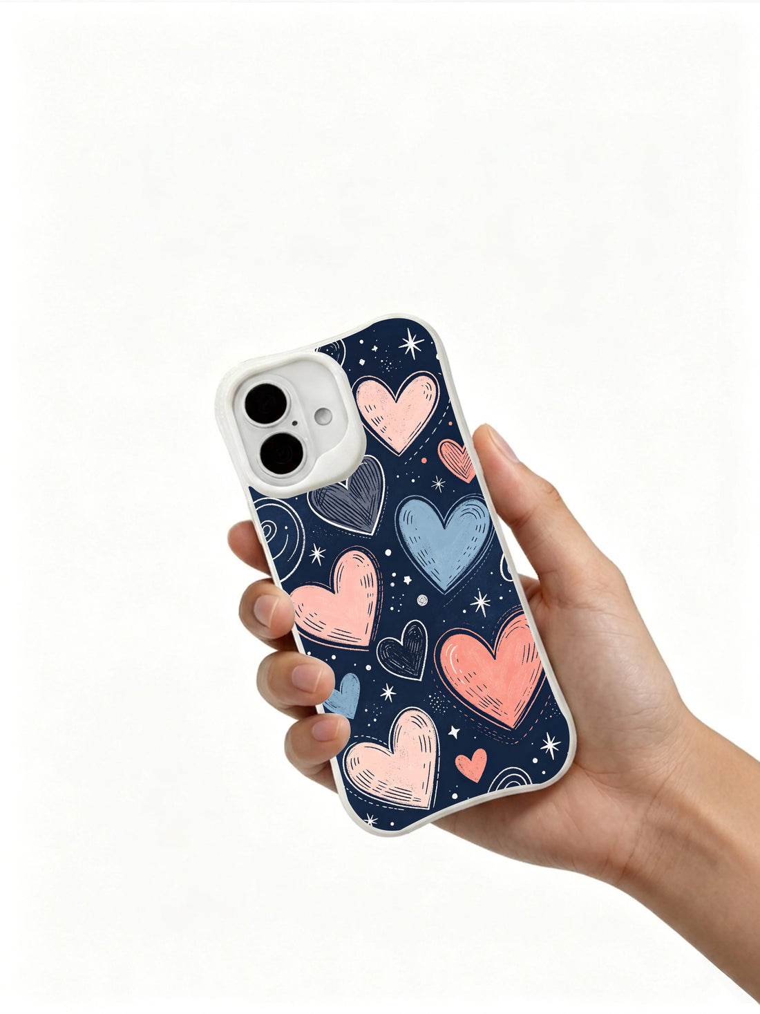 Chalk style love scribbles iPhone 16 Plus Case with navy starry hearts