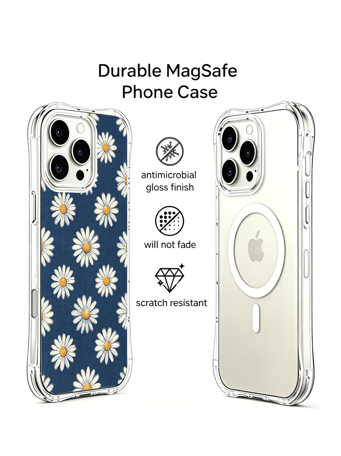 Indigo wash daisy iPhone 16 Pro Max Case with retro floral artwork