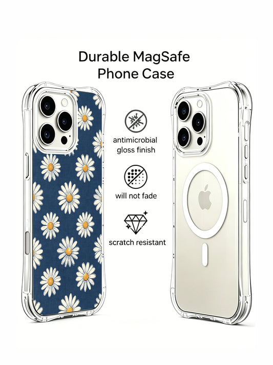 Indigo wash daisy iPhone 16 Pro Max Case with retro floral artwork