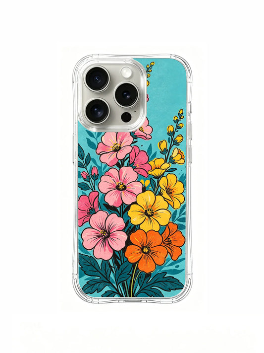 Clear iPhone 16 Pro Max case with bright pink, yellow, and orange flowers rising from teal leaves