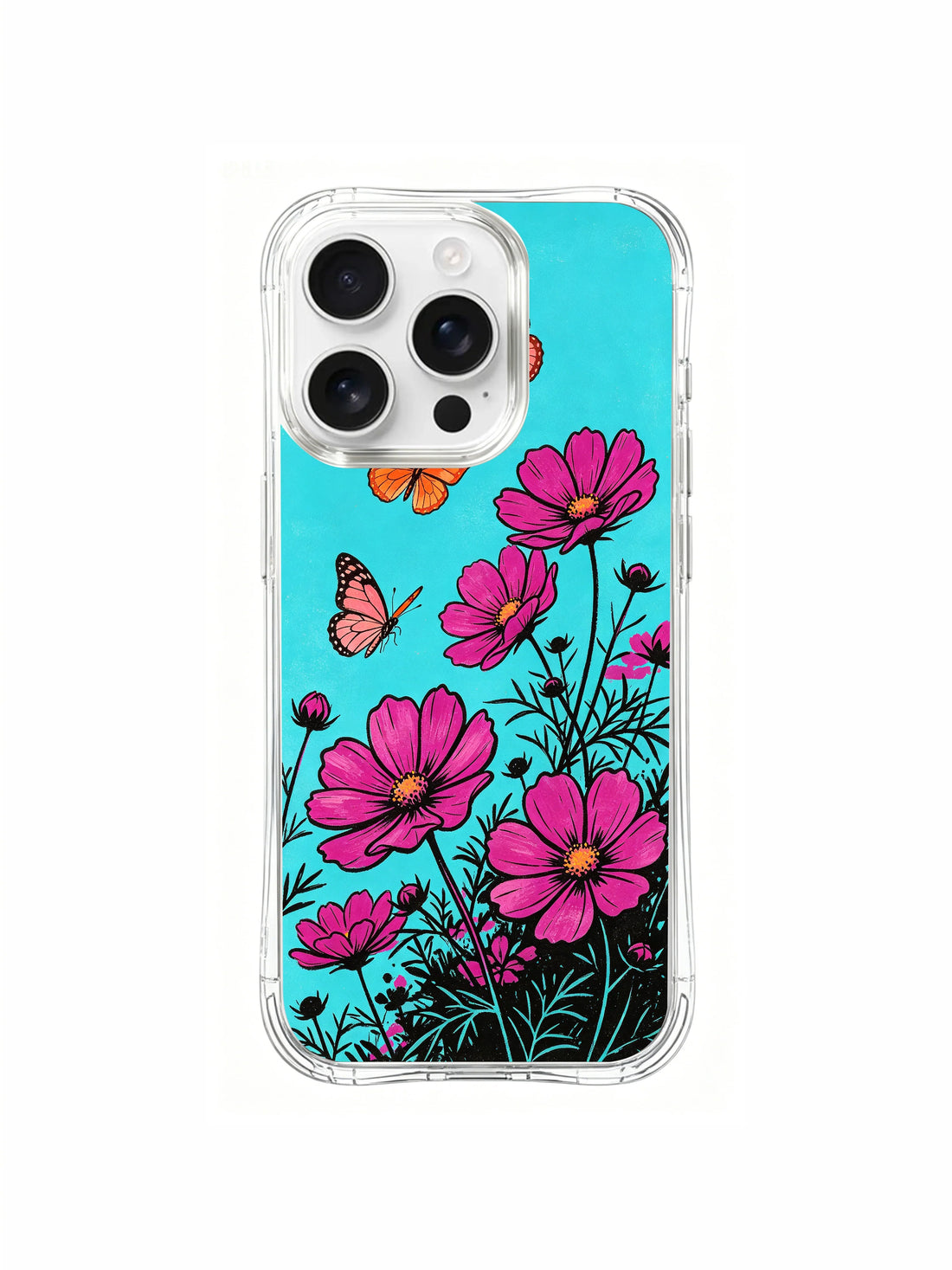 Cute iPhone 16 Pro Max Case gift with butterflies, pink flowers, and blue sky art