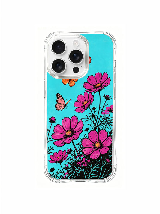 Cute iPhone 16 Pro Max Case gift with butterflies, pink flowers, and blue sky art