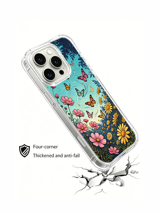 Cottagecore iPhone 16 Pro Max Case with butterfly meadow art and vibrant flowers