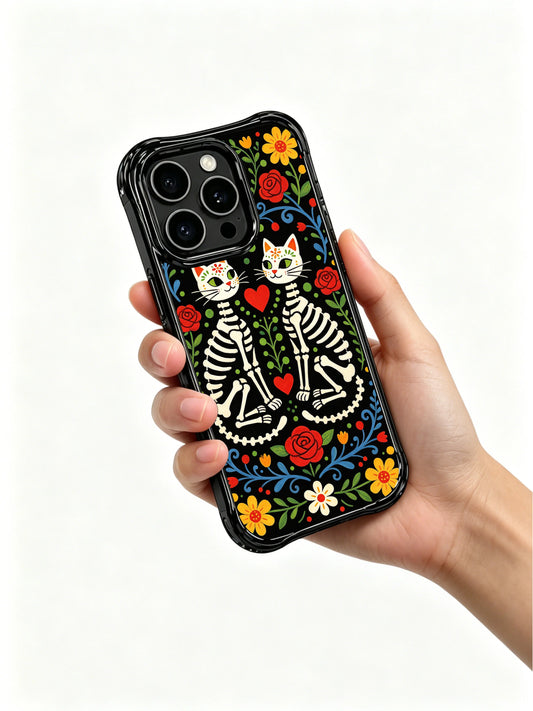 Unique iPhone 16 Pro Max Case gift with skeleton cats and red hearts