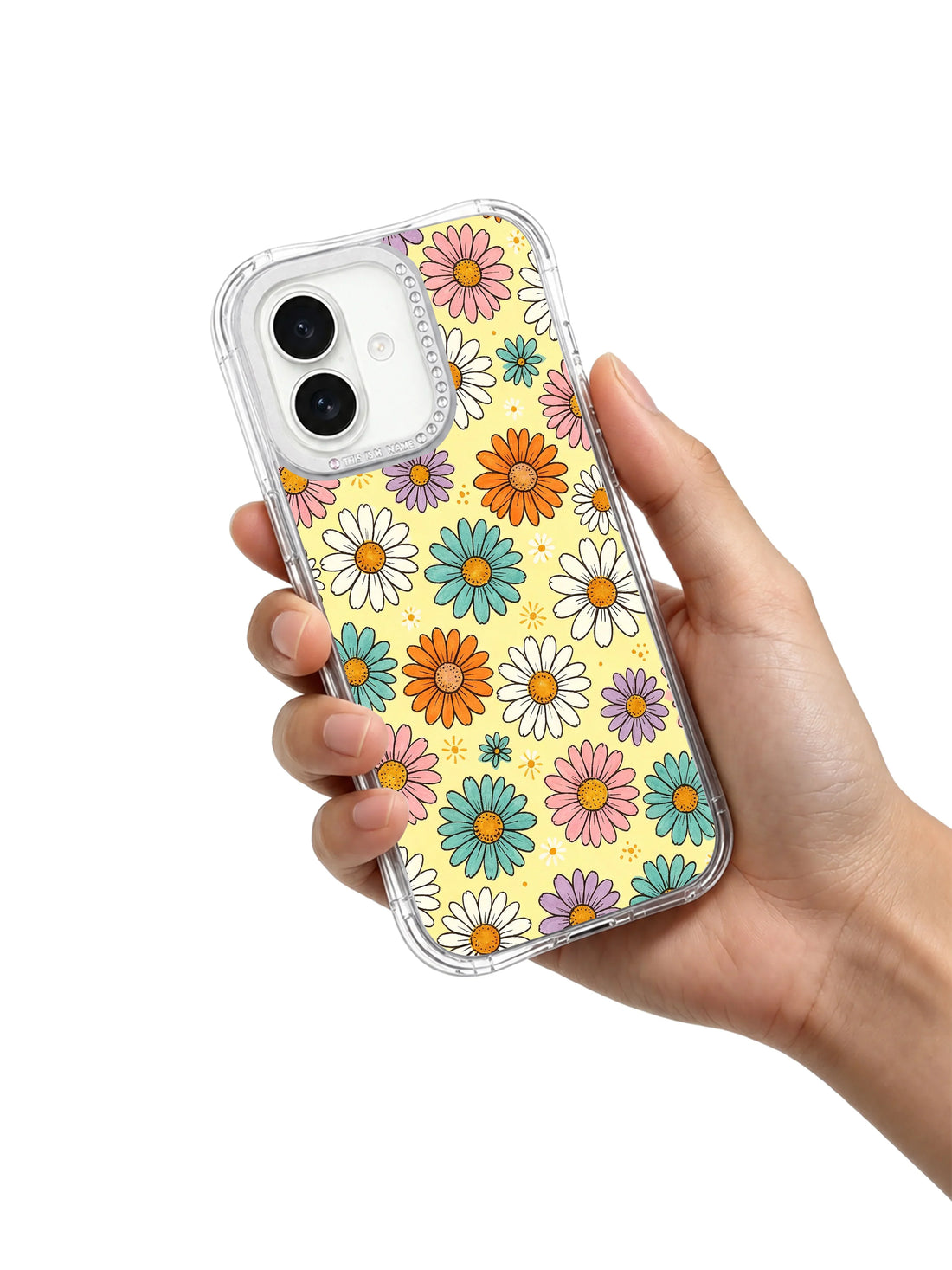 Yellow iPhone 17 Case with multicolor floral art and spring lifestyle mood